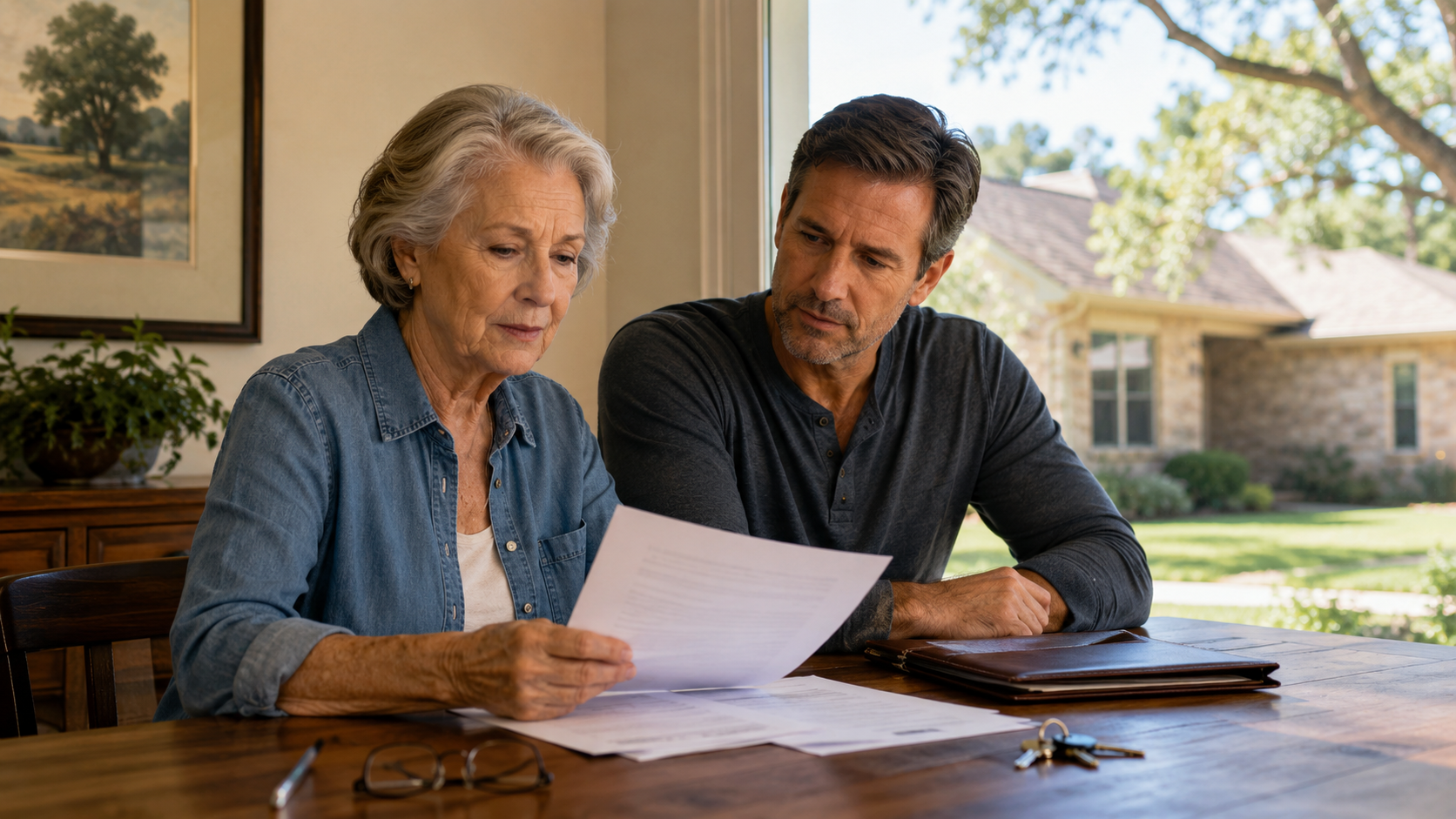Older Texas homeowner reviewing home ownership information with an adult child