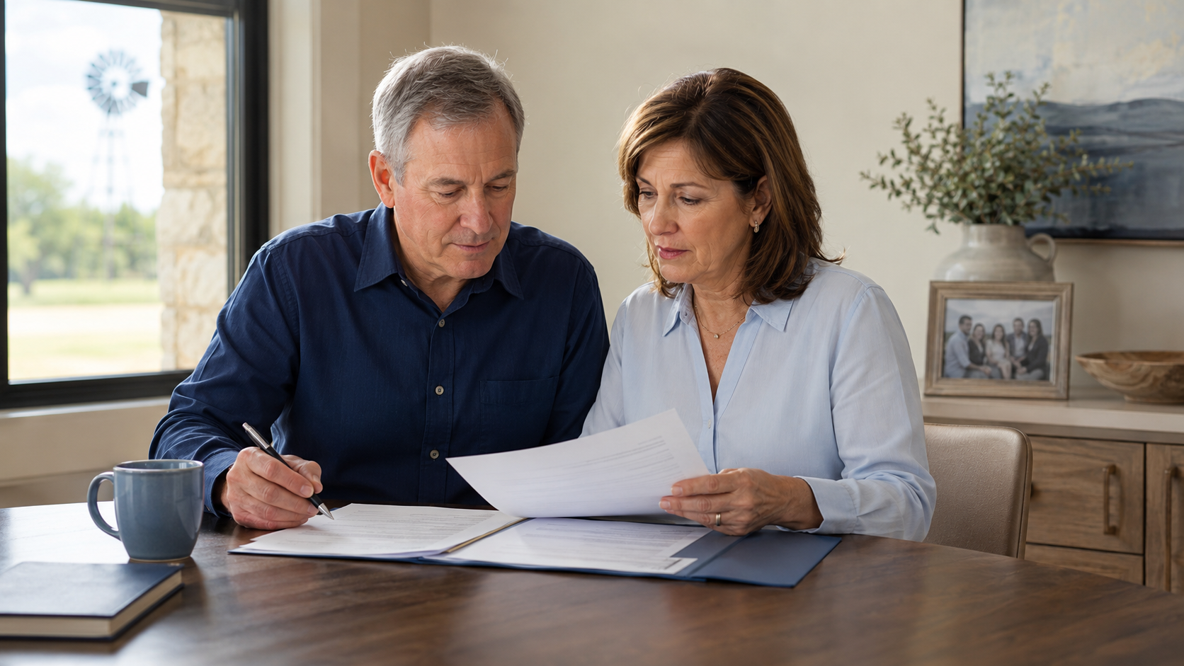 Texas couple reviewing estate planning documents at home