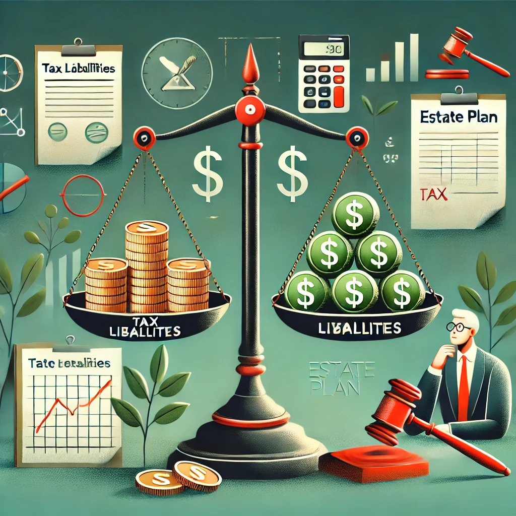 DALL·E 2025-01-02 15.30.07 – An illustration depicting the tax consequences of estate planning. The scene features a balance scale, with one side holding a stack of coins labeled
