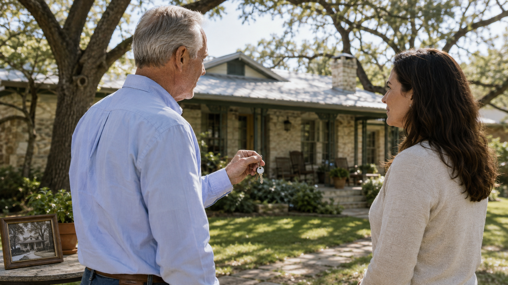 Older Texas homeowner discussing a potential property transfer with an adult child