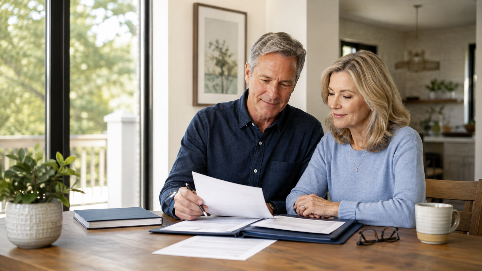 Texas couple reviewing revocable trust documents at home