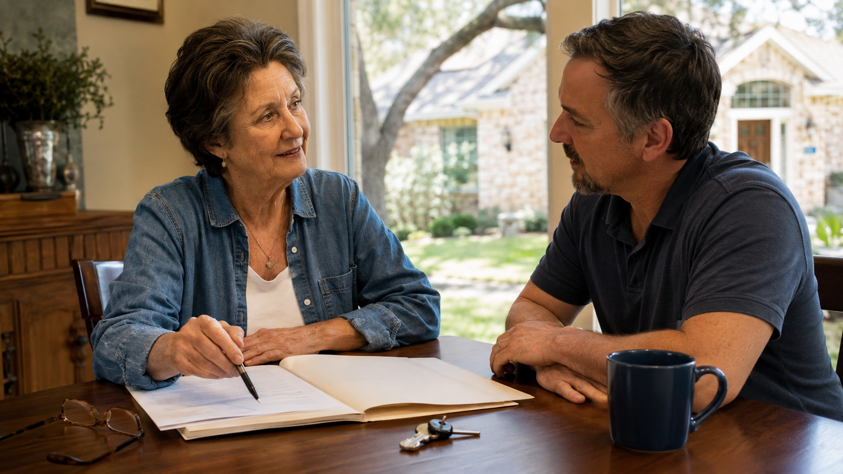 Older Texas homeowner discussing future transfer of a home with an adult child