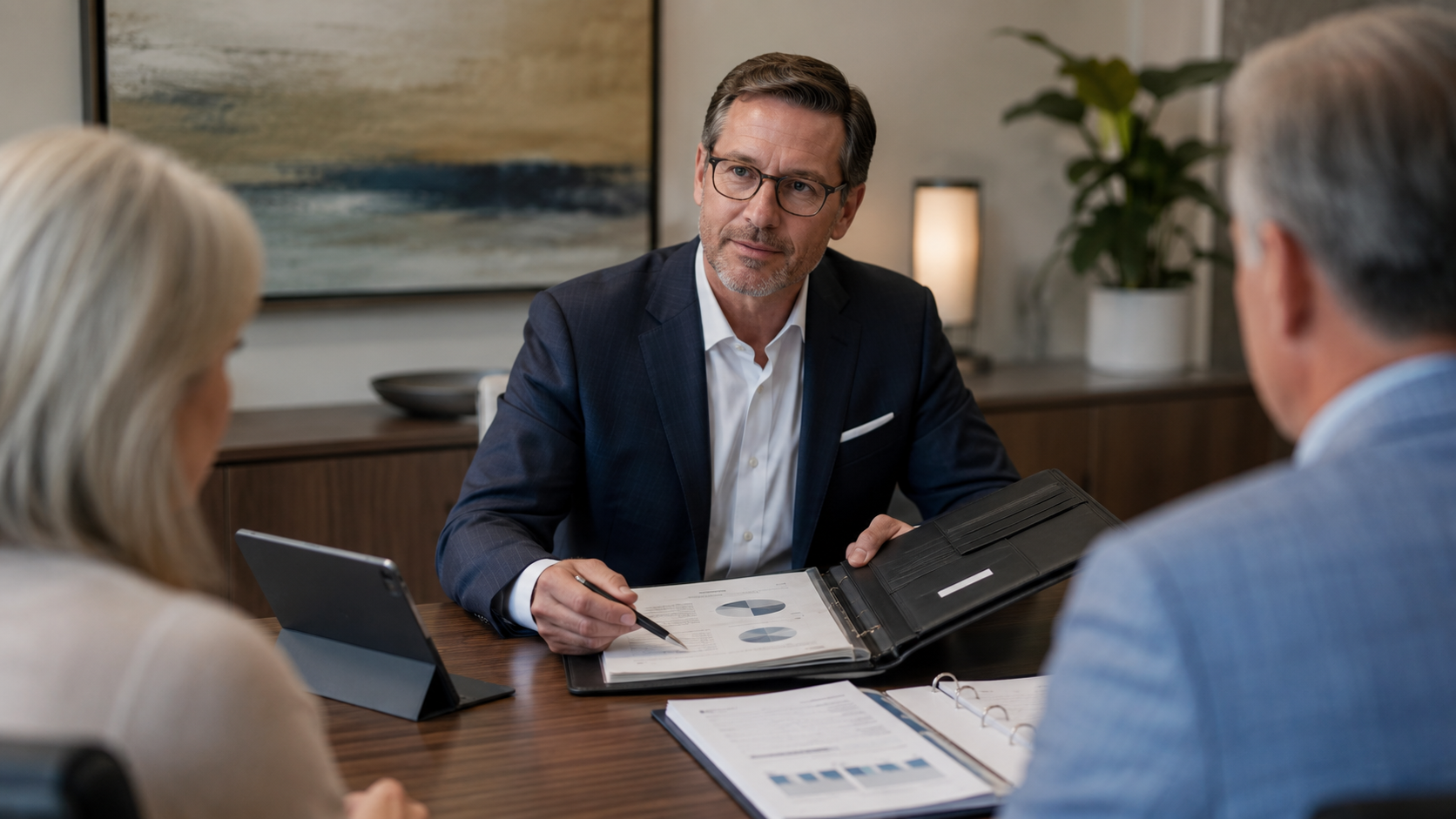 Professional trustee meeting with clients about long-term trust administration