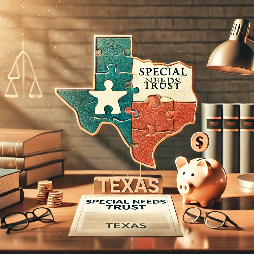 DALL·E 2025-01-02 13.00.09 – An illustration representing a Special Needs Trust in Texas. The image features a symbolic document titled ‘Special Needs Trust’ placed prominently on