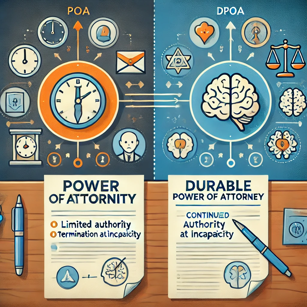 DALL·E 2025-01-02 13.13.50 – A comparative illustration showing the difference between a Power of Attorney (POA) and a Durable Power of Attorney (DPOA). On one side, a document la