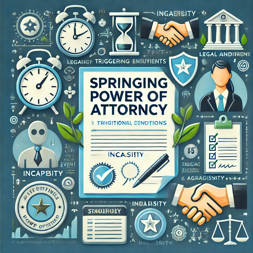 DALL·E 2025-01-02 13.18.06 – An informative illustration representing a Springing Power of Attorney. The image features a legal document labeled ‘Springing Power of Attorney’ at t