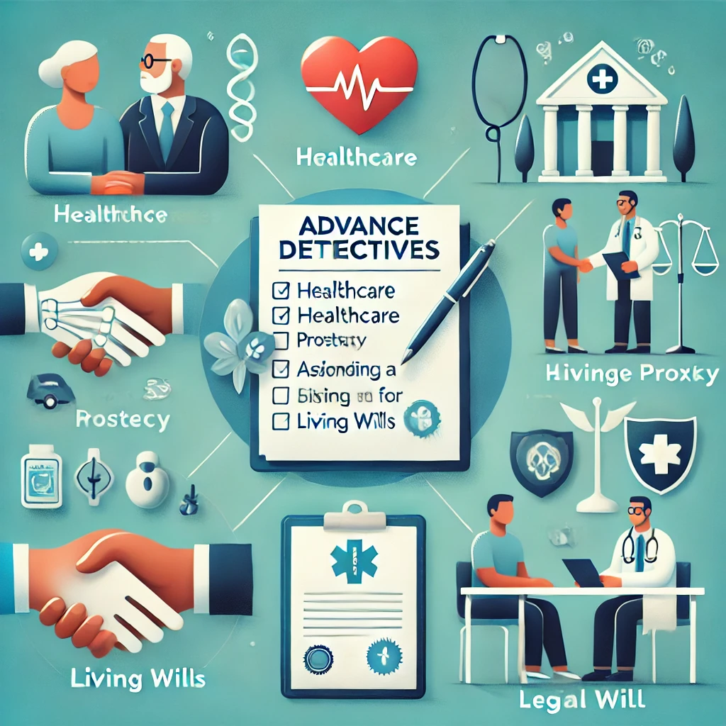 DALL·E 2025 01 02 13.24.54 An informative illustration representing advance directives. The central focus is a document labeled Advance Directives on a desk surrounded by ico