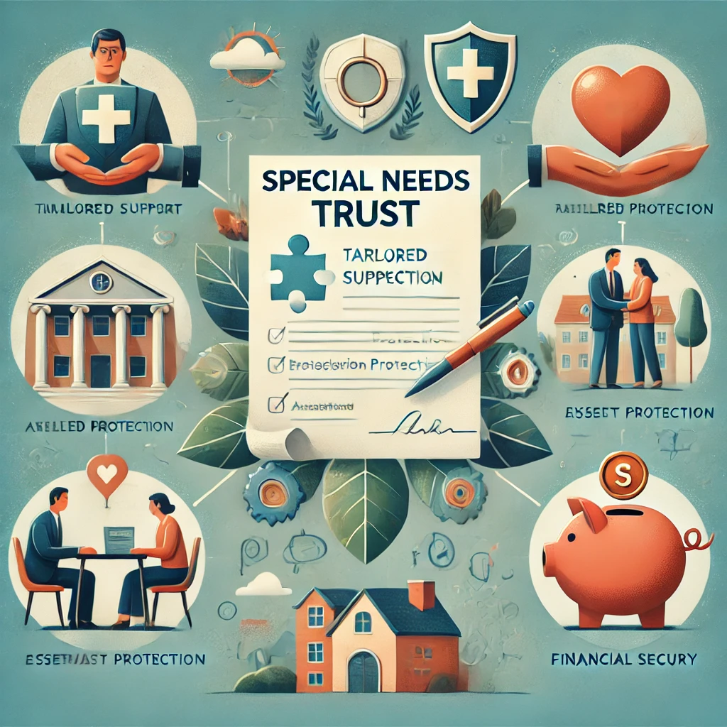 DALL·E 2025 01 02 13.26.58 An educational graphic explaining a Special Needs Trust. The central focus is a document labeled Special Needs Trust surrounded by visual elements
