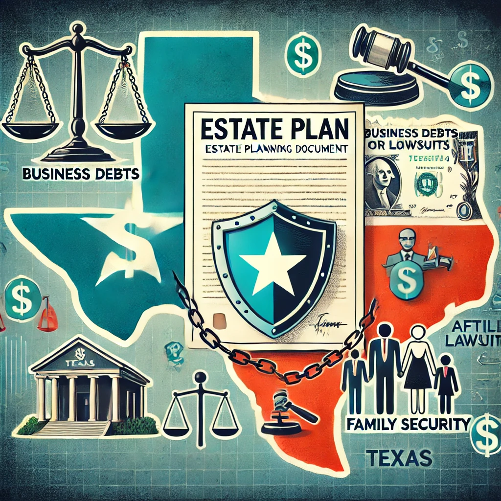 DALL·E 2025-01-02 13.31.30 – An illustrative image addressing whether estate planning documents protect a family from business debts or lawsuits during a person’s lifetime or afte