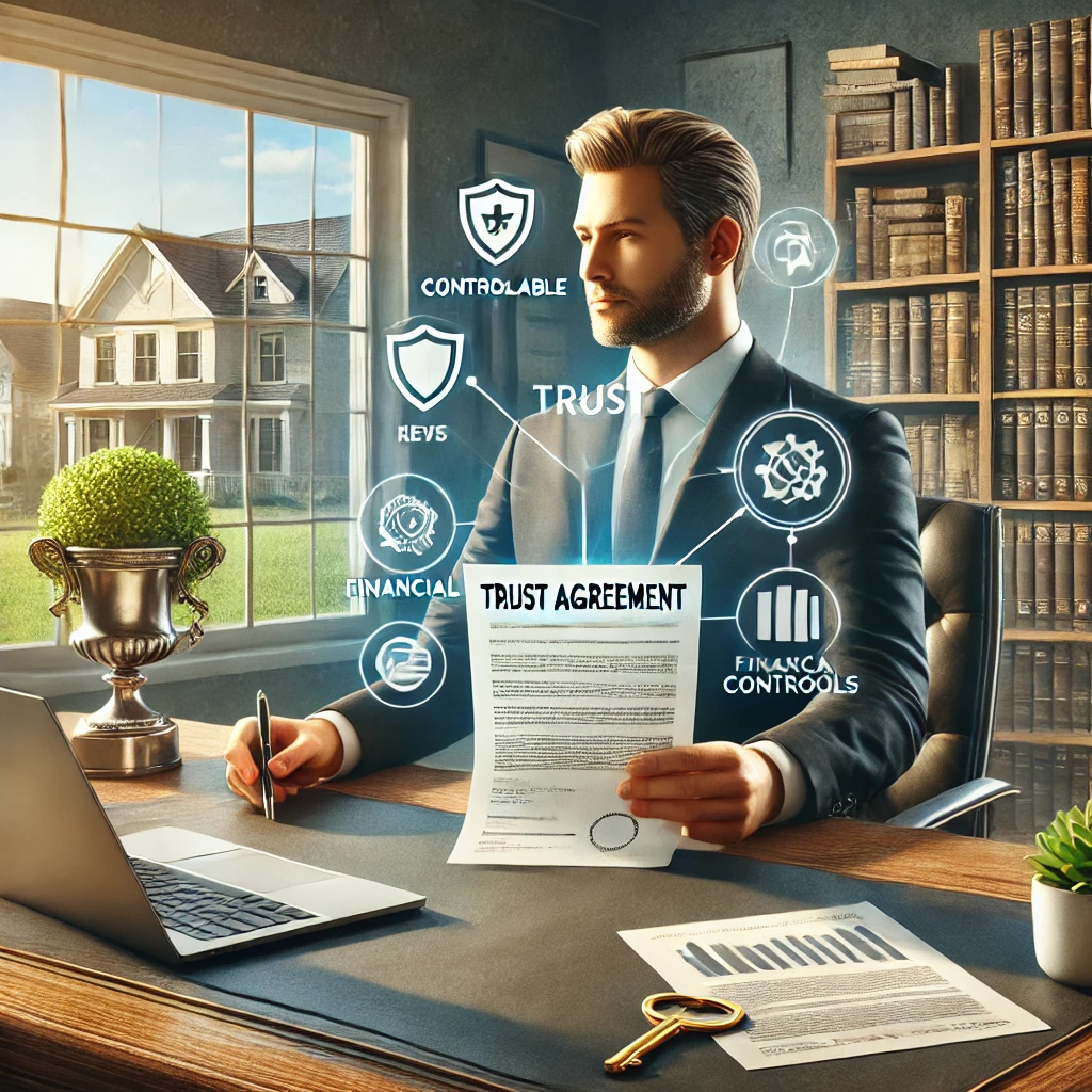 DALL·E 2025-01-02 13.36.00 – A photo-realistic illustration emphasizing that assets in a trust are fully controllable. The scene shows a confident individual seated at a desk, hol