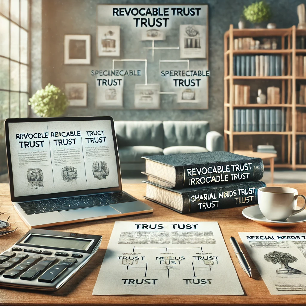 DALL·E 2025-01-02 13.37.51 – A photo-realistic image illustrating the various types of trusts available in estate planning. The scene features a desk with a collection of document