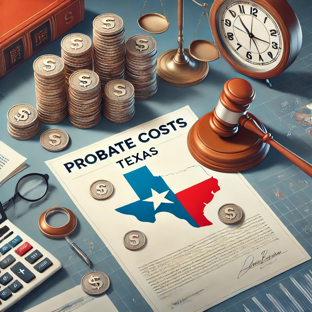 DALL·E 2025-01-02 13.39.27 – An illustration representing probate costs in Texas. The scene features a document labeled ‘Probate Costs’ with associated visual elements_ a stack of