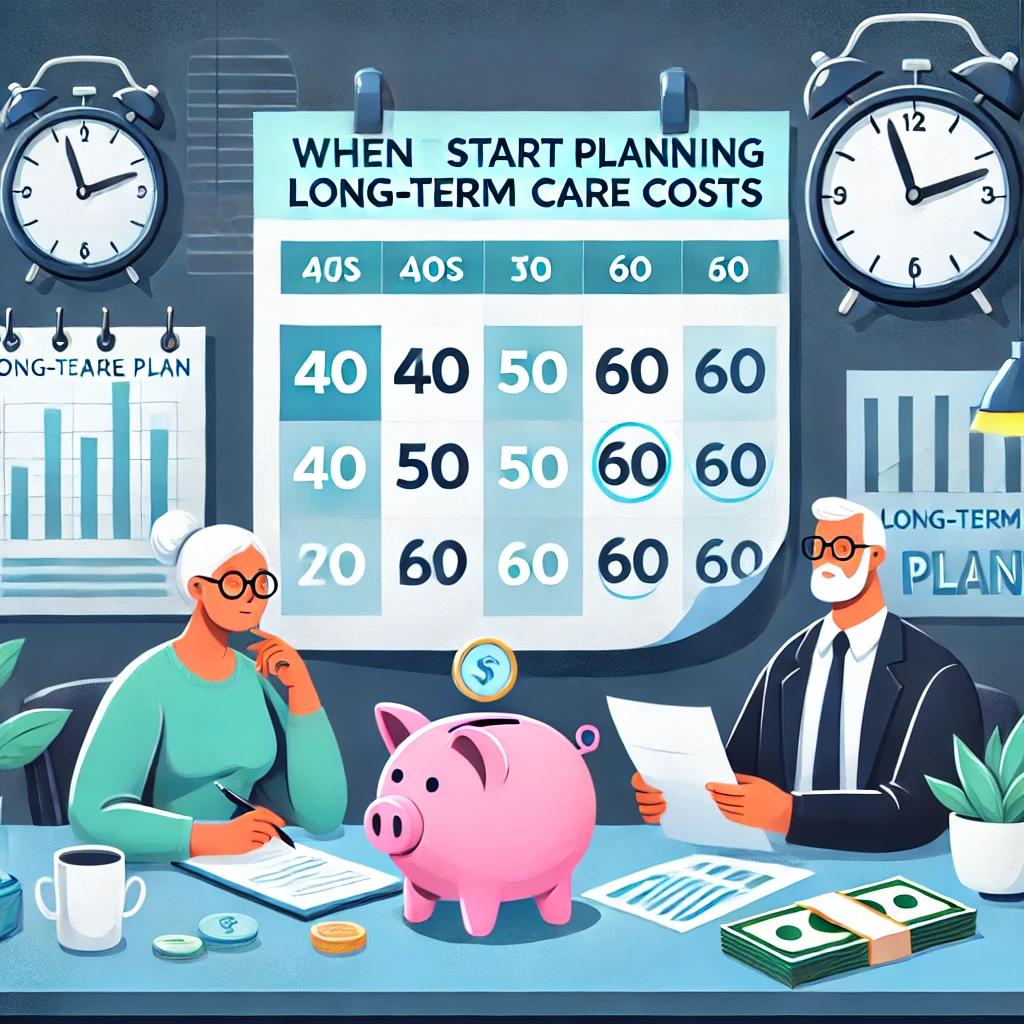 DALL·E 2025-01-02 13.41.29 – An illustration representing when to start planning for long-term care costs. The scene features a calendar with key ages marked (40s, 50s, and 60s),