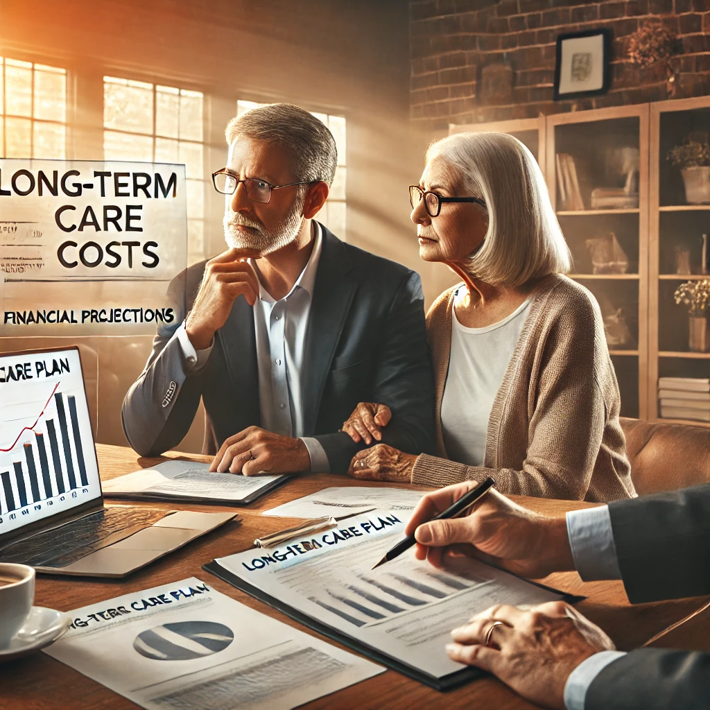 DALL·E 2025-01-02 13.43.41 – A photo-realistic image emphasizing the importance of preparing for long-term care costs. The scene features a middle-aged couple sitting at a table i