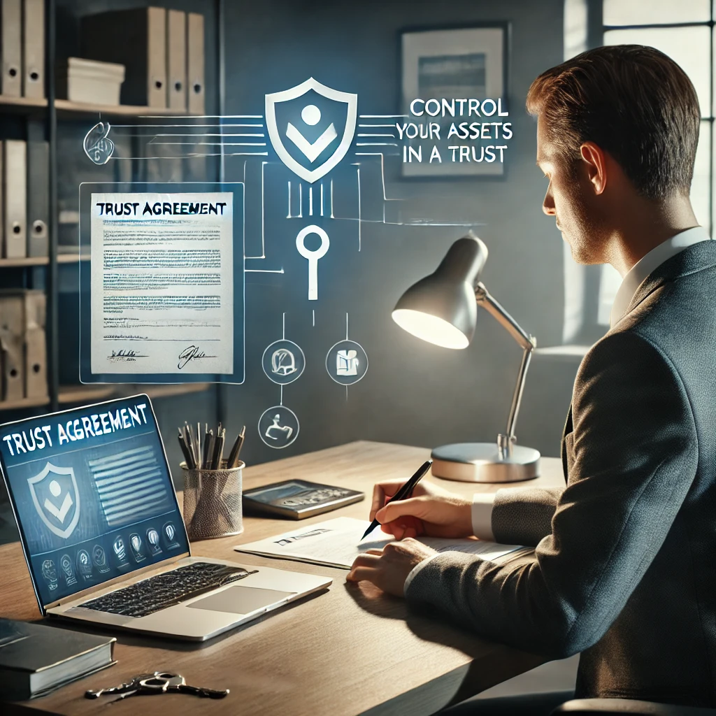 DALL·E 2025-01-02 13.48.02 – A photo-realistic image showing that a person can control assets in a trust. The scene features an individual confidently seated at a desk in a modern