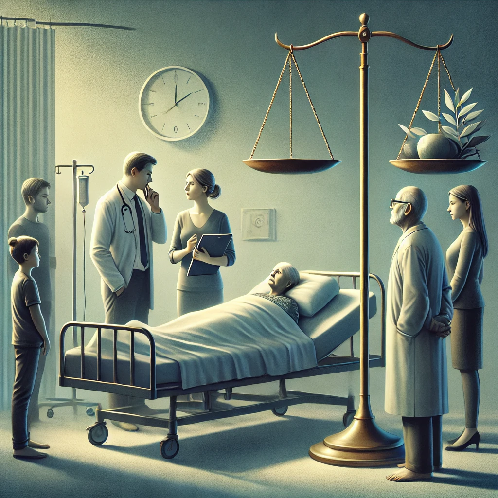 DALL·E 2025-01-02 13.53.52 – A poignant illustration depicting the difficulty of life or death situations. The scene features a hospital room with a patient in a bed, surrounded b