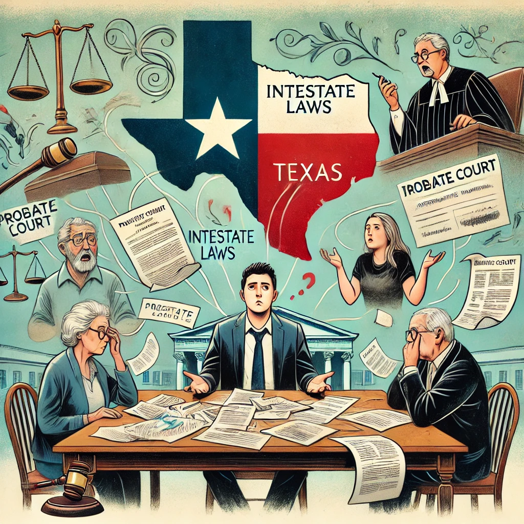 DALL·E 2025-01-02 13.55.43 – An illustration depicting what happens if you die without a will in Texas. The scene shows a chaotic table with scattered documents labeled ‘Probate C