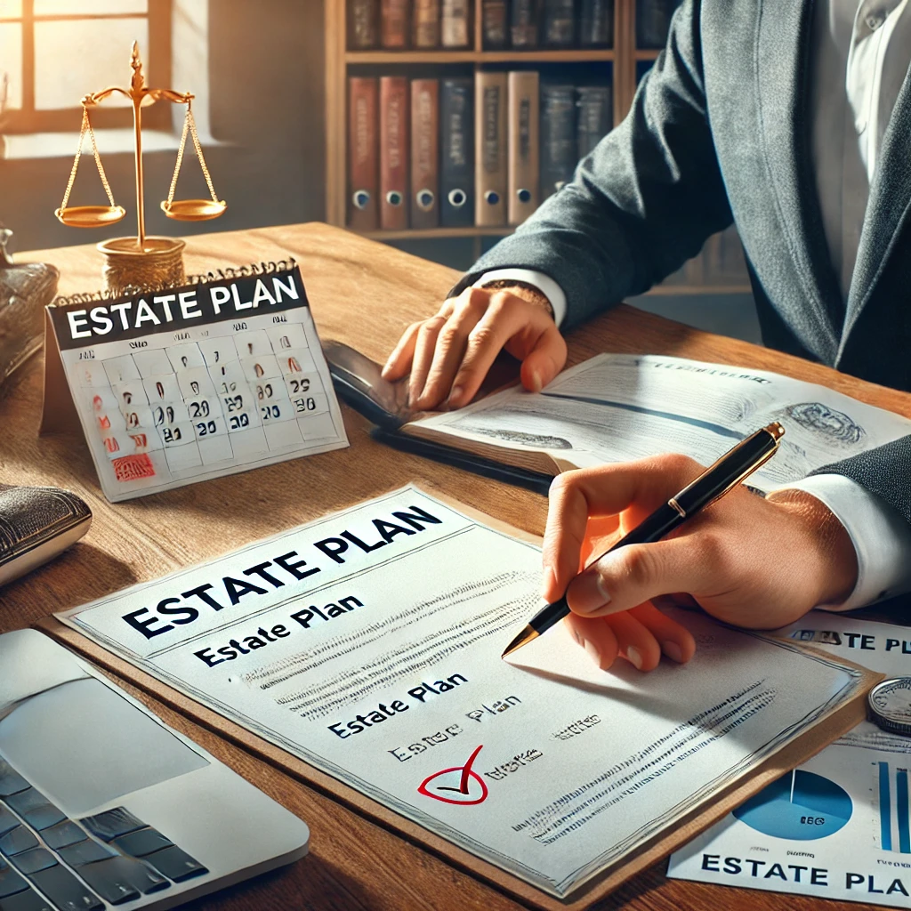 DALL·E 2025-01-02 13.57.29 – A photo-realistic image symbolizing the need to update an estate plan. The scene shows an individual at a desk with a document labeled ‘Estate Plan’ a