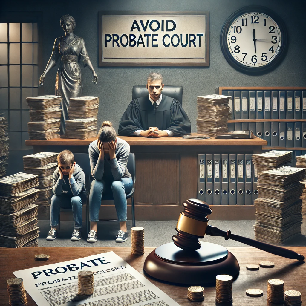 DALL·E 2025-01-02 13.59.20 – A photo-realistic image illustrating why it’s important to avoid probate court. The scene features a courtroom with a judge’s gavel prominently displa
