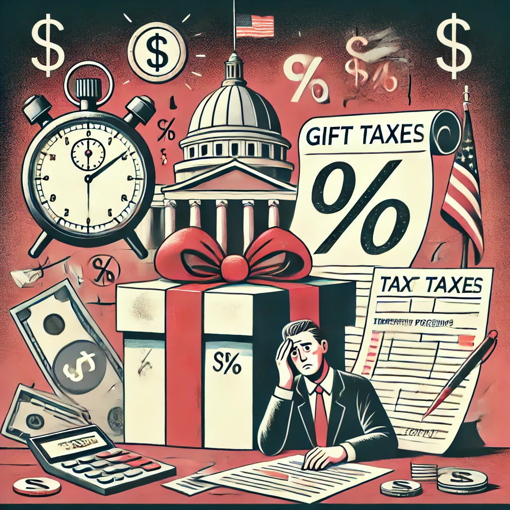DALL·E 2025-01-02 14.01.28 – An illustration highlighting the problems with gift taxes. The scene features a symbolic gift box surrounded by various obstacles_ a large percentage