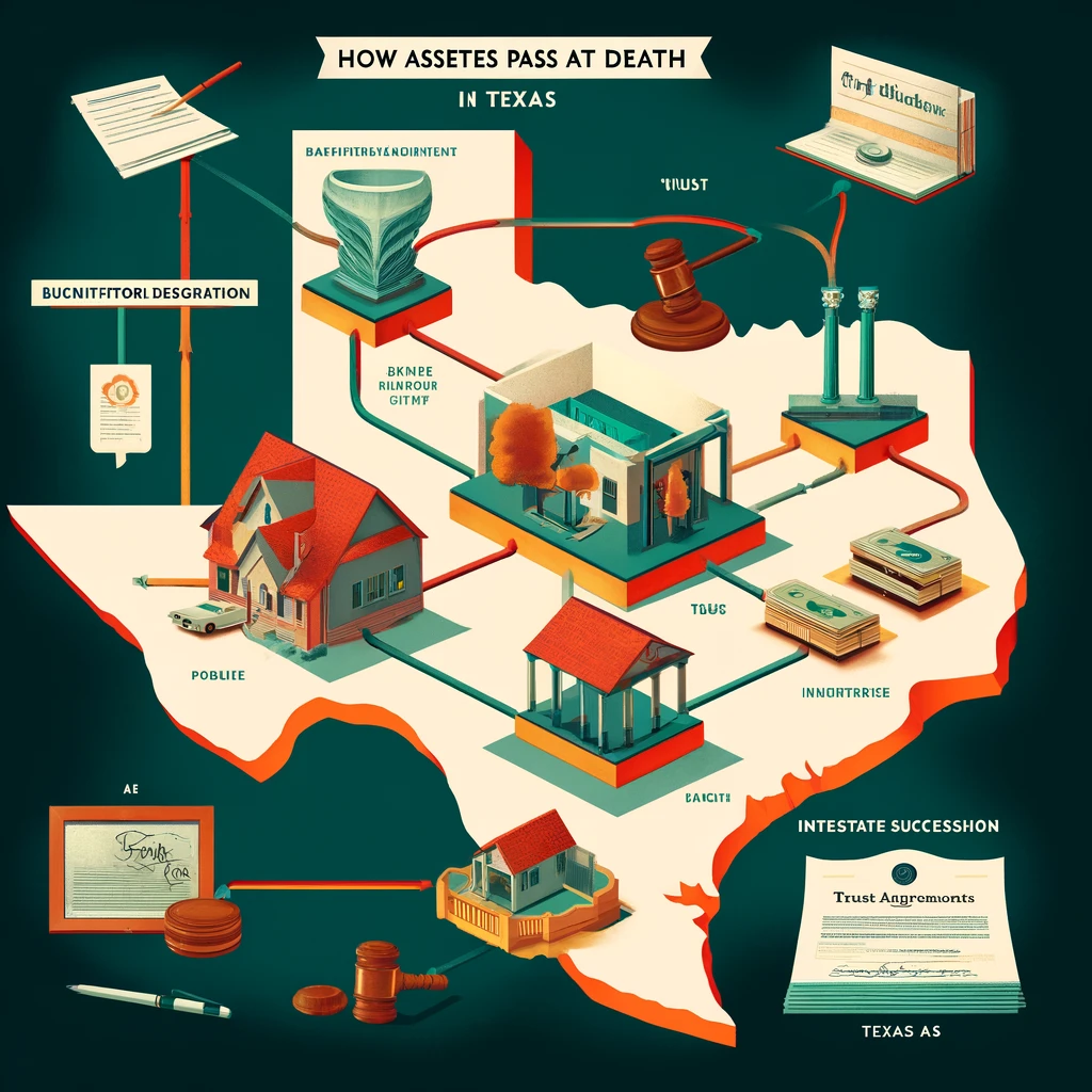 DALL·E 2025-01-02 14.10.59 – An illustration showing how assets pass at death in Texas. The scene features a flowchart-like structure with pathways labeled ‘Will,’ ‘Trust,’ ‘Benef