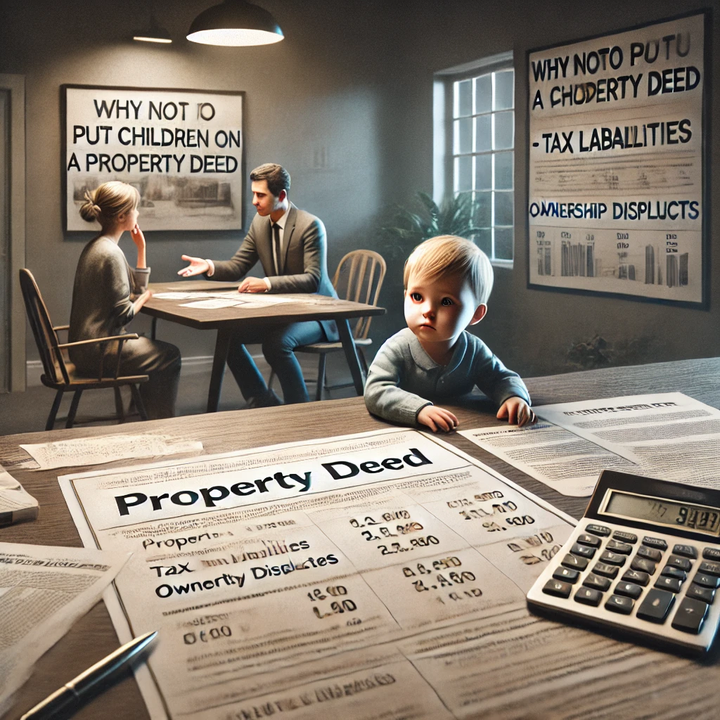 DALL·E 2025-01-02 15.27.34 – A photo-realistic image illustrating why not to put children on a property deed. The scene features a desk with a document labeled ‘Property Deed’ alo