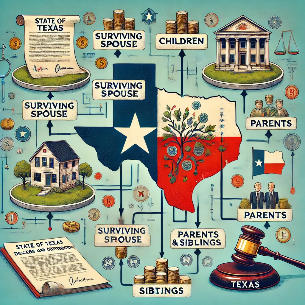 DALL·E 2025-01-02 15.35.19 – An illustration depicting the state of Texas laws of descent and distribution. The scene features a flowchart with a family tree at the center, showin