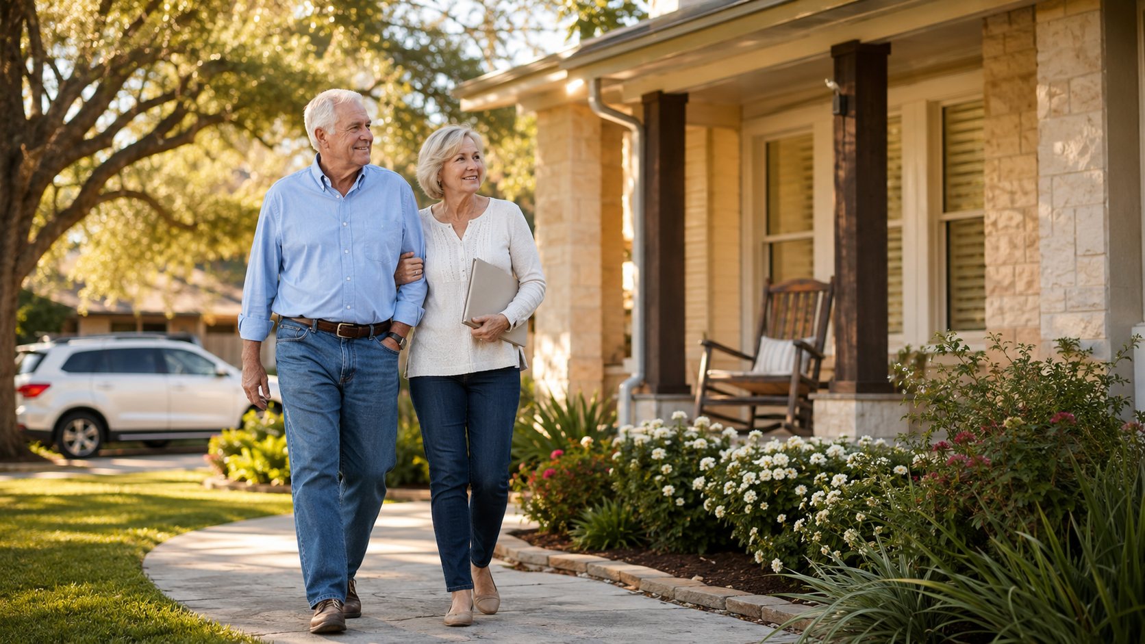 Retired Texas couple outside their home planning ahead for future long-term care