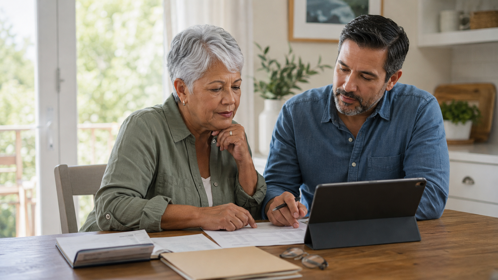 Older parent reviewing bank account information with an adult child