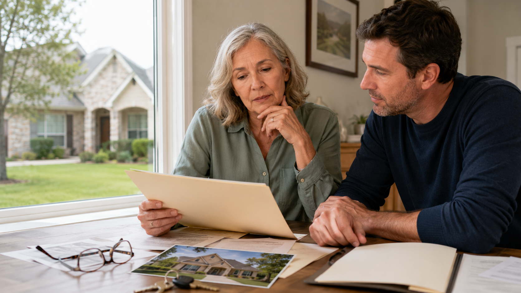 Surviving Texas spouse reviewing home ownership information with an adult child