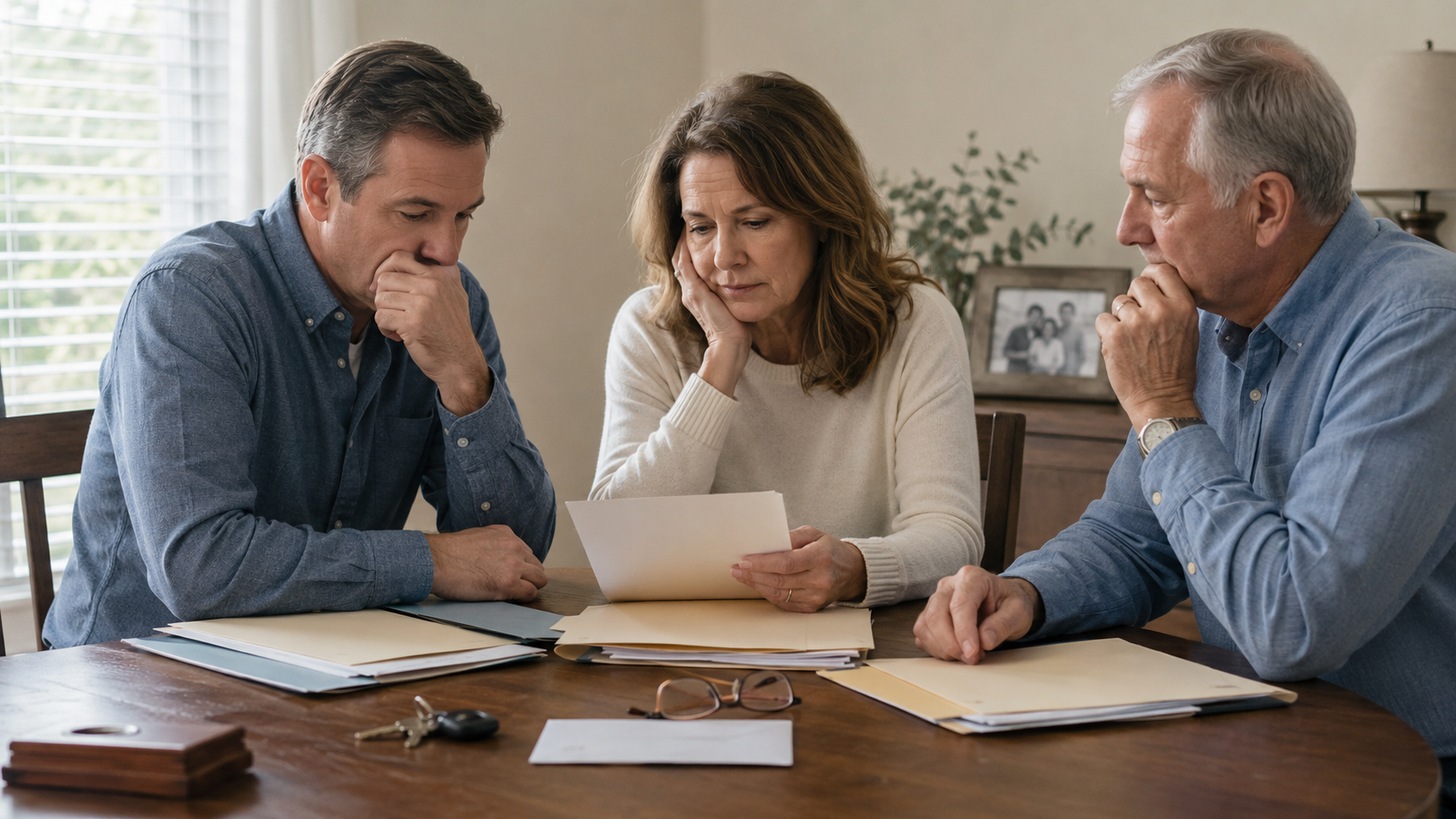 Adult family members reviewing estate information after the death of a parent