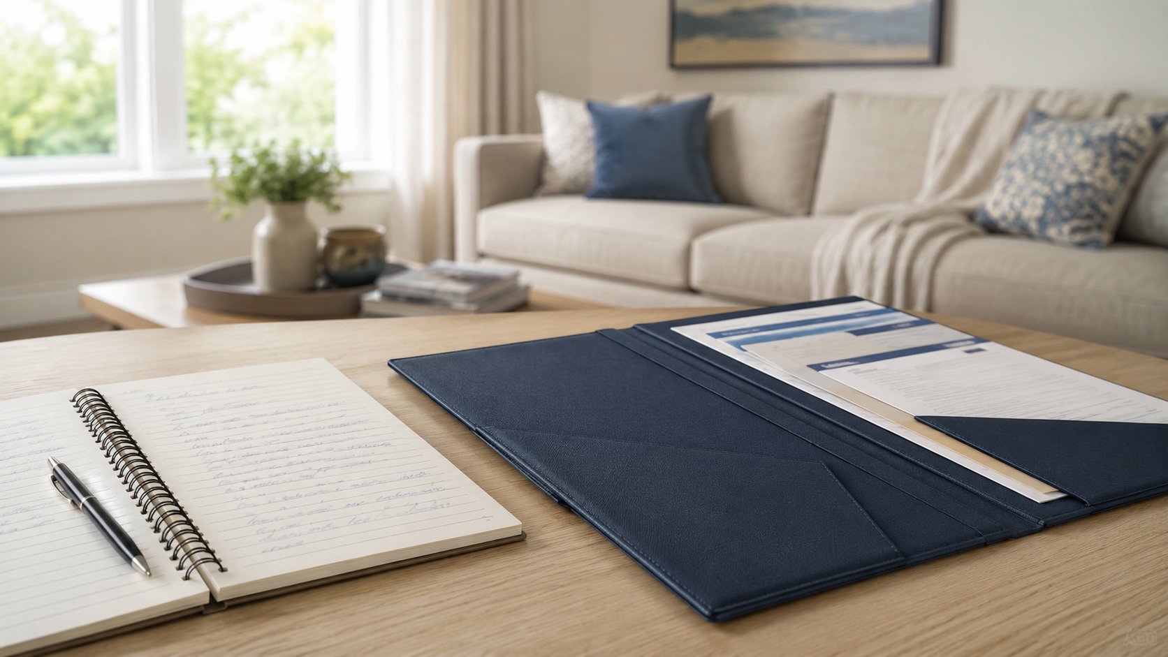 Open spiral notebook with handwritten notes beside an organized navy estate-planning folder on a table in a bright home living room.