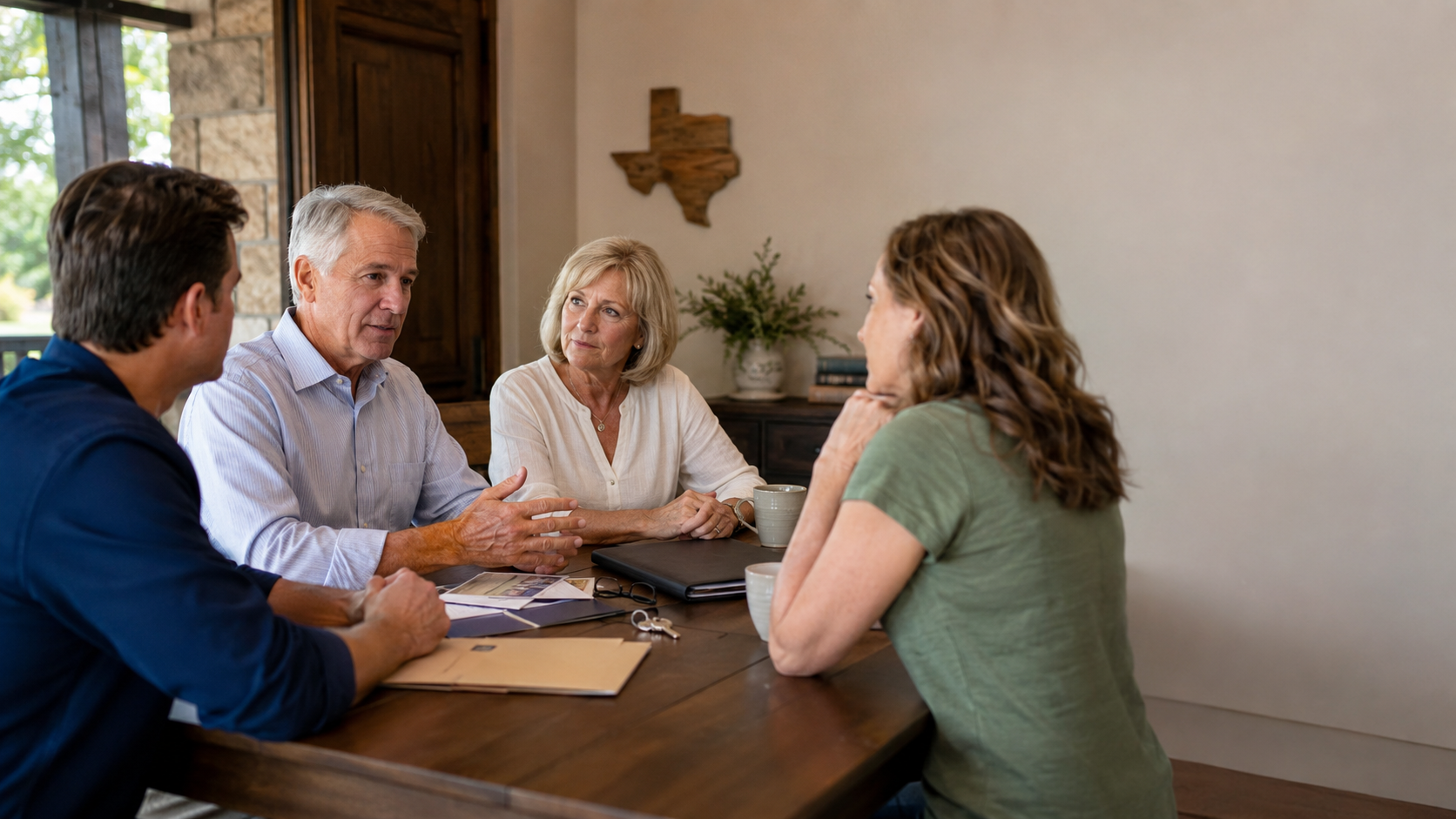 Remarried Texas couple discussing estate planning for a surviving spouse and children
